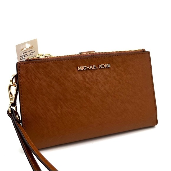 Michael Kors Large Double Zip Wallet Wristlet Luggage Brown - Picture 1 of 8